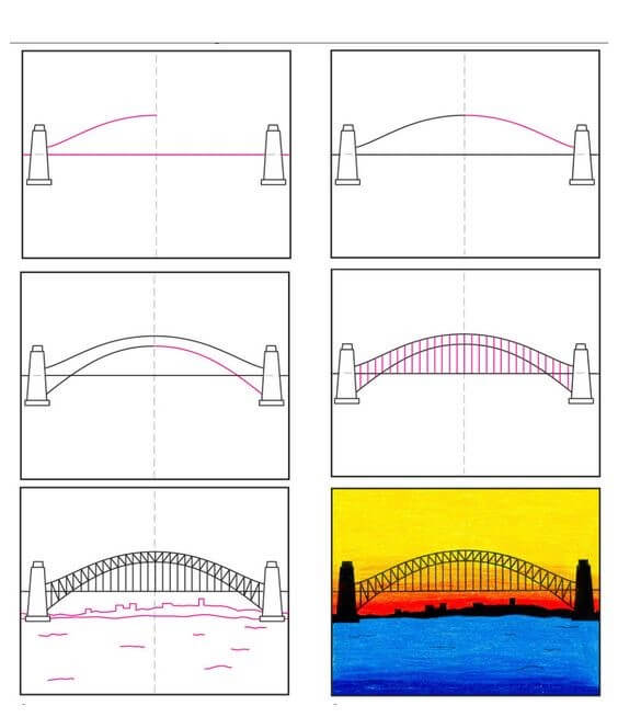 Dibujos de Paisaje al atardecer con puente