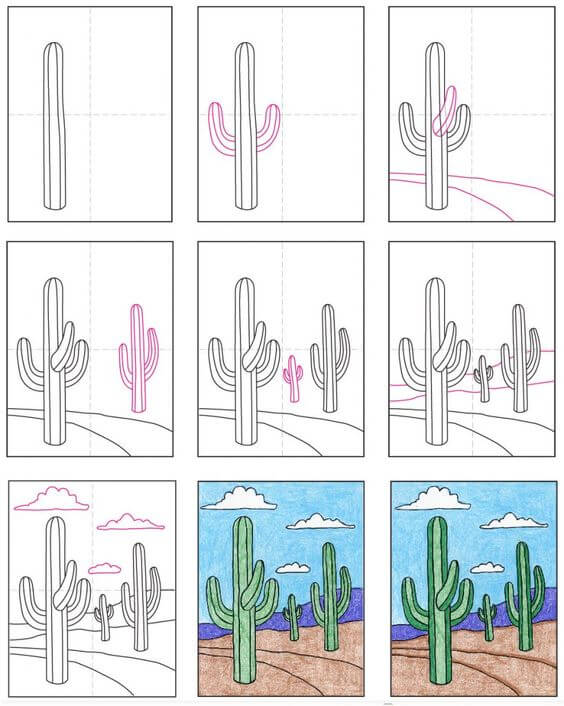 Dibujos de Paisaje desértico con cactus