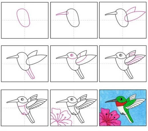 Dibujos de Un colibrí con una flor